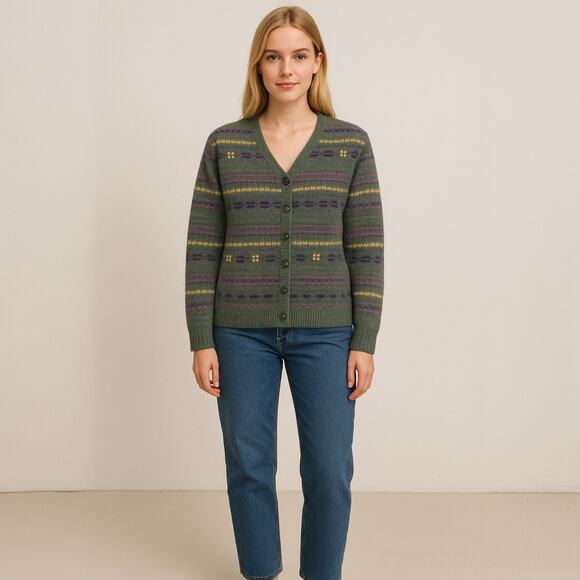 Vintage Northern Reflections Fair Isle Wool Cardigan Sweater Green Size Large - Picture 1 of 11